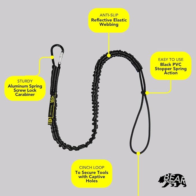 BearTOOLS Tool Lanyard with Single Carabiner and Adjustable Loop End, Standard Length, Maximum Weight Limit 8KG / 17.6lb, Aluminum Screw Lock Carabiner with Shock Cord Stopper, 0925S (5 Pack)