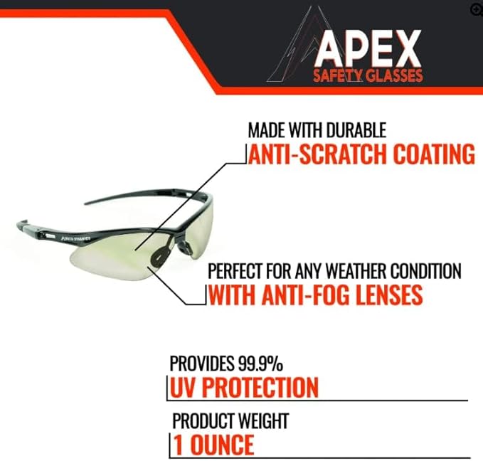 Malta Dynamics APEX Safety Glasses – Construction Safety Glasses for Men and Women with Anti Scratch and Anti Fog Protection, ISEA & ANSI Z87 Compliant (Indoor/Outdoor, 180 Pairs)