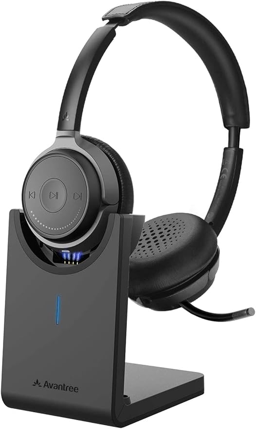 Avantree Alto Clair aptX HD Bluetooth Headset with Microphone, Mute Function, Clear Talking, Hi-Fi Music, Low Latency, Wireless Headphones with Charging Base for Computer, PC, Laptop, Skype, TV