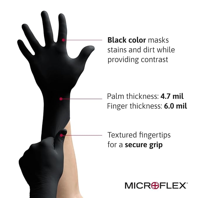 Ansell MICROFLEX MidKnight MK-296 Disposable Nitrile Gloves for Automotive w/Full Texture - X-Small, Black (Case of 1000)