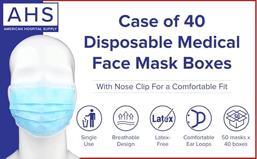 (AHS) Earloop Face Masks Disposable Blue | Adult Face Covering | 3 Ply Disposable Face Masks Bulk 2000 | 40 Boxes 50pcs/Box