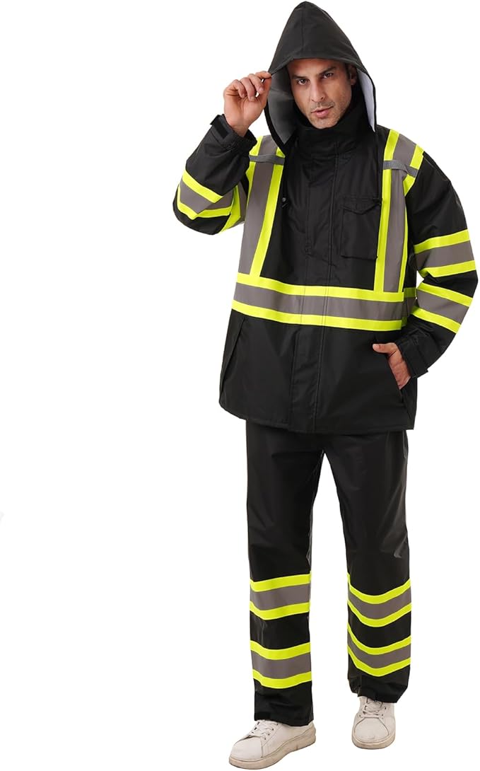 Hi Vis Safety rain Jacket，Reflective Class 3 Rain coat with Inner Mesh Lining and Pockets High Visibility Waterproof work Rain Suits for men&women（Black,4XL/5XL）