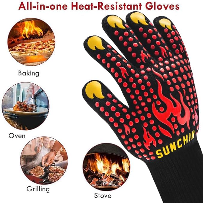 BBQ Fireproof Gloves, Grill Cut-Resistant 1472°F Heat Resistant Gloves, Non-Slip Silicone Oven Gloves, Kitchen Safe Cooking Gloves for Oven Mitts,Barbecue,Cooking, Frying,13 Inch 2pc