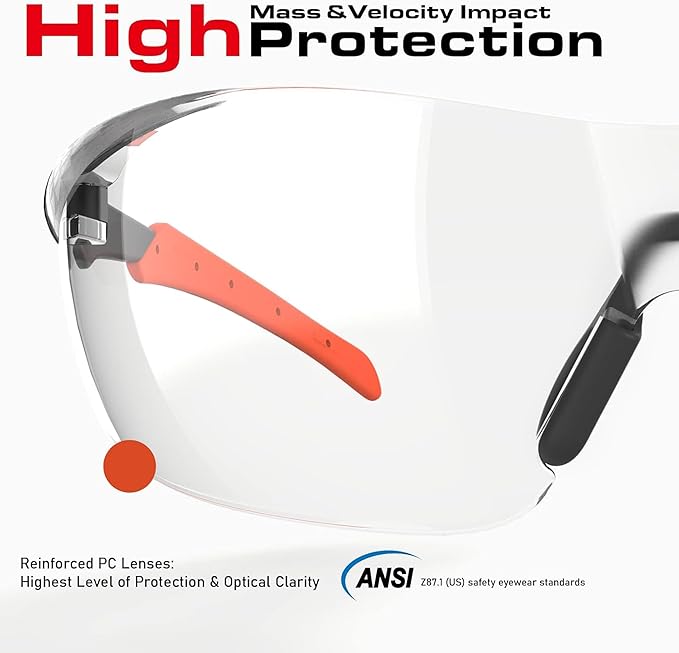 Pickleball Safety Glasses – Fit-Enhanced ANSI Z87.1, Anti-Fog, UV & Impact Resistant Eyewear for Sports, Work & Shooting – No-Slip Grip, Black and Orange, 1 Pack
