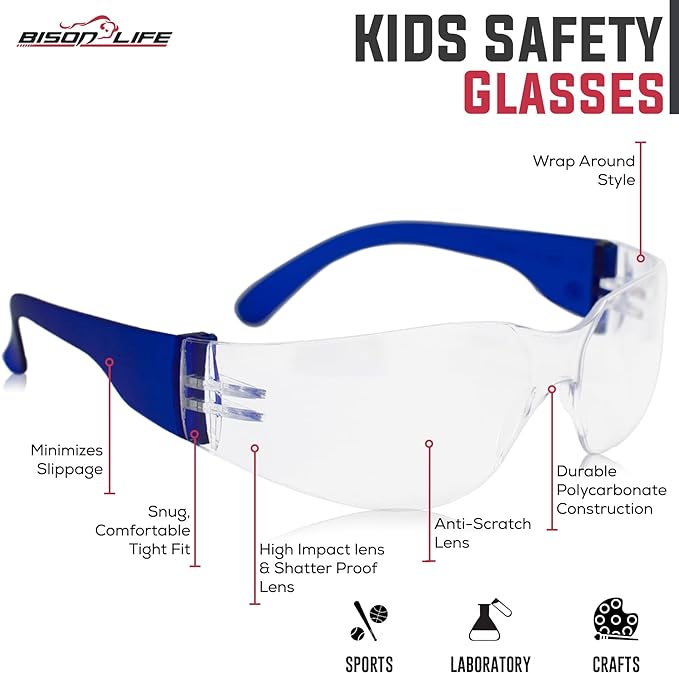 BISON LIFE Kids Safety Glasses, Bulk Kids Protective Glasses ANSI Z87.1 Safety Glasses for Kids, Science Safety Goggles Pack