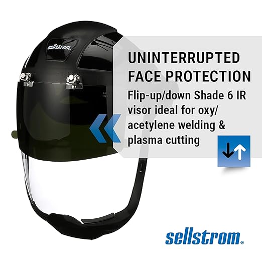Sellstrom DP4 Face Shield - Lightweight Mask with High Impact Crown & Ratchet Headgear for Work, Grinding, Plasma/Flame Cutting - ANSI Z87.1 - Clear Anti Fog Polycarbonate Window - UV/IR Flip Up Visor