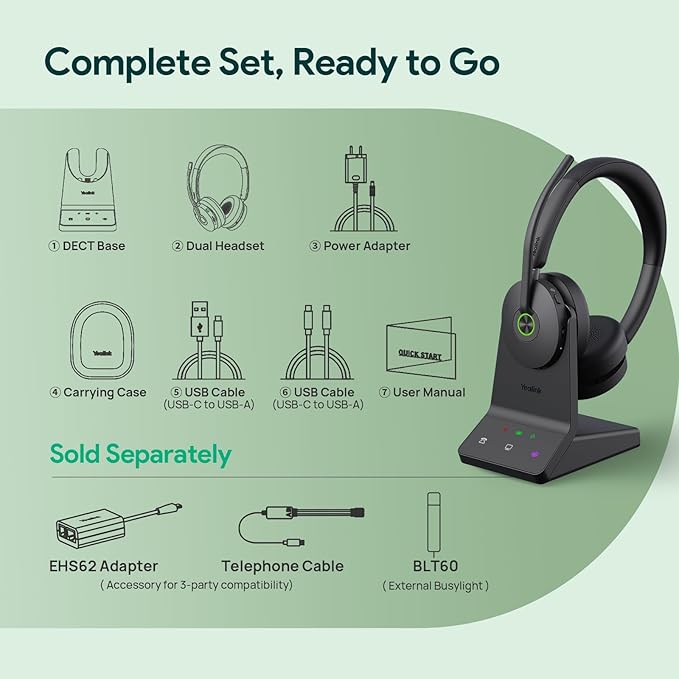 Yealink WH68 ANC DECT&Bluetooth Wireless Headset,606ft Long Rang Dual Ear Zoom,UC Headphones with 6X Noise Cancelling Mic, 32H Call, Work Active Noise Cancellation Stereo Headsets(PC,CellPhone,Laptop)