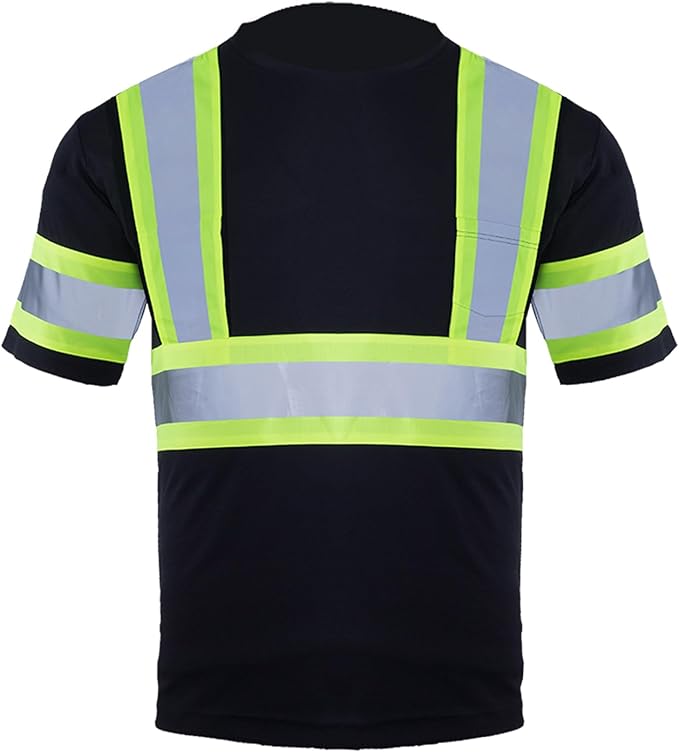 VENDACE Men's High Vis Class 2 Safety T Shirt ANSI Reflective Work Short Sleeve Shirt with Black Bottom(Black,L)