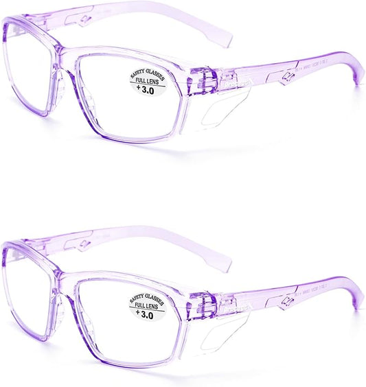 ProtectX Stylish Anti-Fog & Scratch-Resistant Safety Glasses With Readers, UV Protection Goggles, Anti-Impact Lightweight Glasses for Men＆Women Lilac Reading 3.0-2 Pack