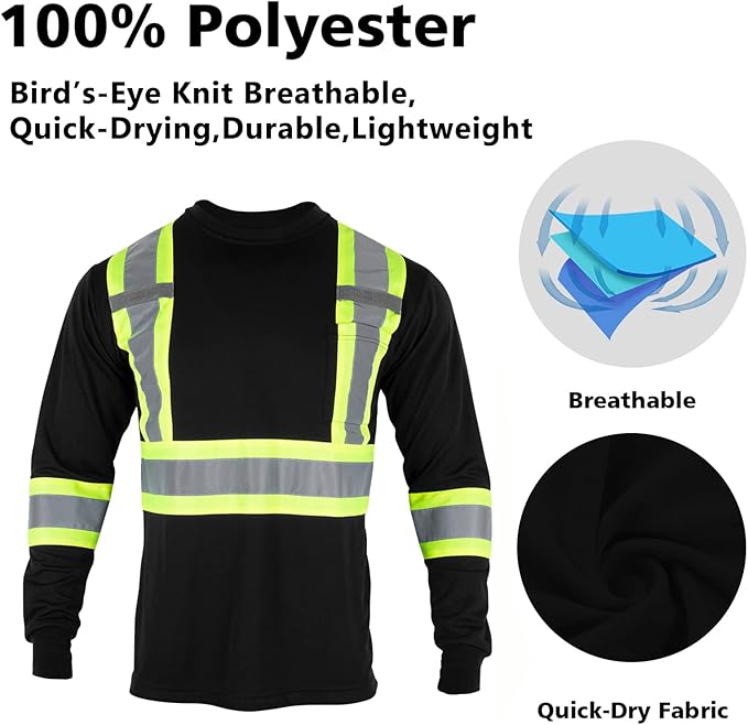 VENDACE Men's High Vis Safety Work T Shirt ANSI Class 2 Reflective Long Sleeve Shirt with Pocket(Black,3XL)