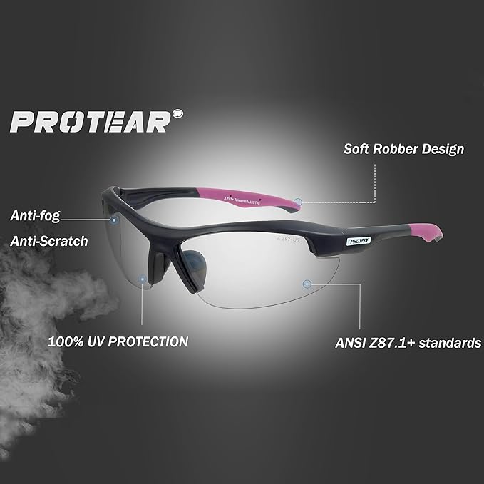 Clear Safety Glasses for Men and Women,Scratch Resistant Safety Goggles,ANSI Z87,100% UV Protection Eyewear,Anti-Fog Eye Protection for Workshop Shooting,Mowing,Sports,Hunting(Purple Clear)