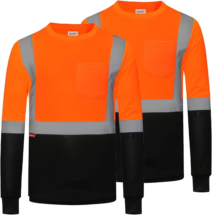 ProtectX High Visibility Shirts Hi Vis Long Sleeve Shirts for Men Women Reflective Class 2 Safety Shirts 2 Pack