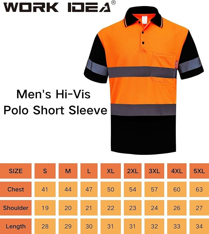 WORK IDEA Polo Shirt for Men High Visibility Reflective Work Shirt with Pockets for Construction