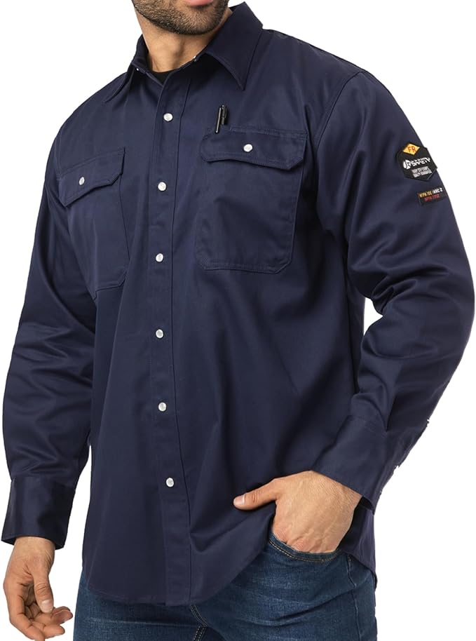 JKSafety 7oz FR Shirts for Men Women NFPA 70E 2112 ARC 2 Fire Resistant Welding Shirts FRC Long Sleeve Safety Workwear