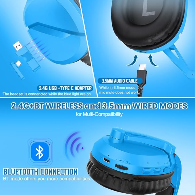 Wireless Gaming Headset with Noise Canceling Microphone for PS5, PC, PS4, 2.4G/Bluetooth Gaming Headphones with USB and Type-c Connector, Wired Mode for Controller - Blue