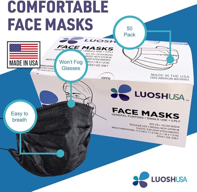 Face Masks Disposable Made in USA, 3 Ply Disposable Masks 50pcs,Adult Mask, Kids Mask, Black Masks, White Masks