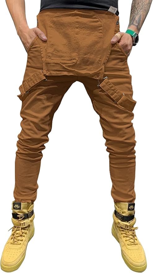 LONGBIDA Men's Denim Bib Overalls Fashion Slim Fit Jumpsuit with Pockets