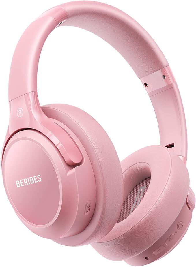 BERIBES Bluetooth Headphones Over Ear, 65H Playtime and 6 EQ Music Modes Wireless with Microphone, HiFi Stereo Foldable Lightweight Headset (Pink)
