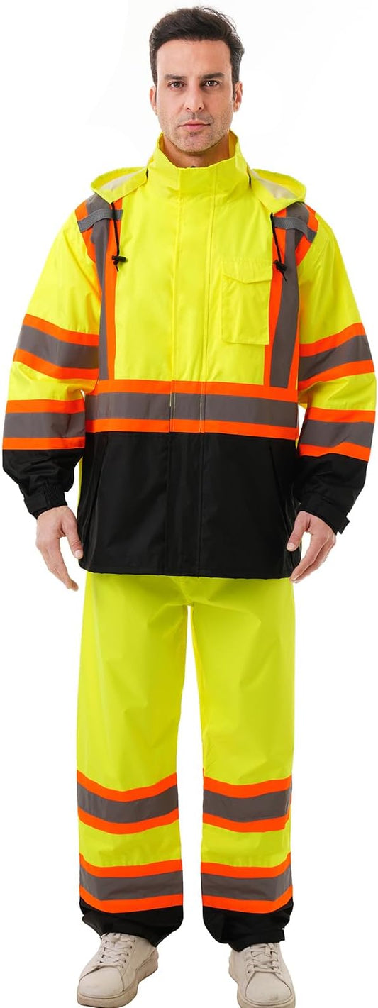 Hi Vis Safety rain Jacket，Reflective Class 3 Rain coat with Inner Mesh Lining and Pockets High Visibility Waterproof work Rain Suits for men&women（Yellow,SM/MD）