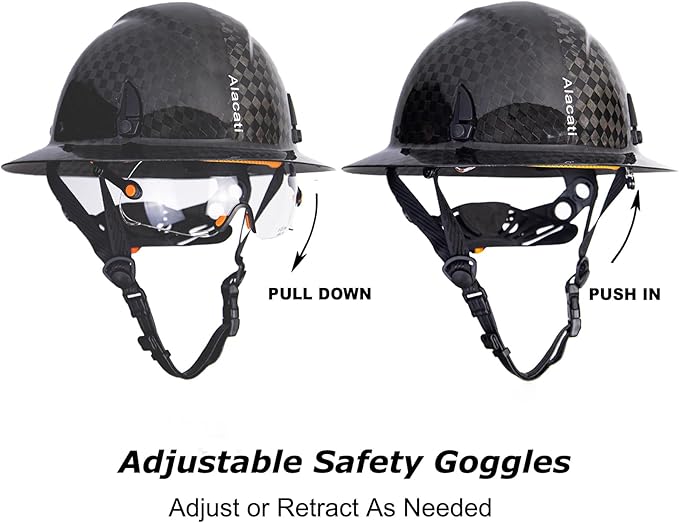 Carbon Fiber Hard Hat Full Brim with Goggles- Safety Helmet with 6-Point Adjustable Ratchet Suspension- ANSI Z89.1 Compliant