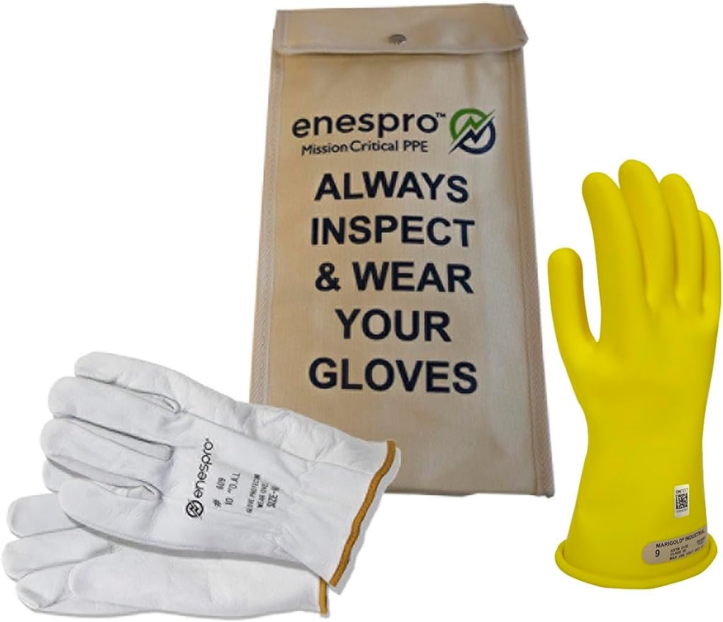 Enespro Class 00 Yellow Rubber Voltage Insulating Glove Kit with Leather Protectors, Max. Use Voltage 500V AC/ 750V DC, (KITGC00Y09)