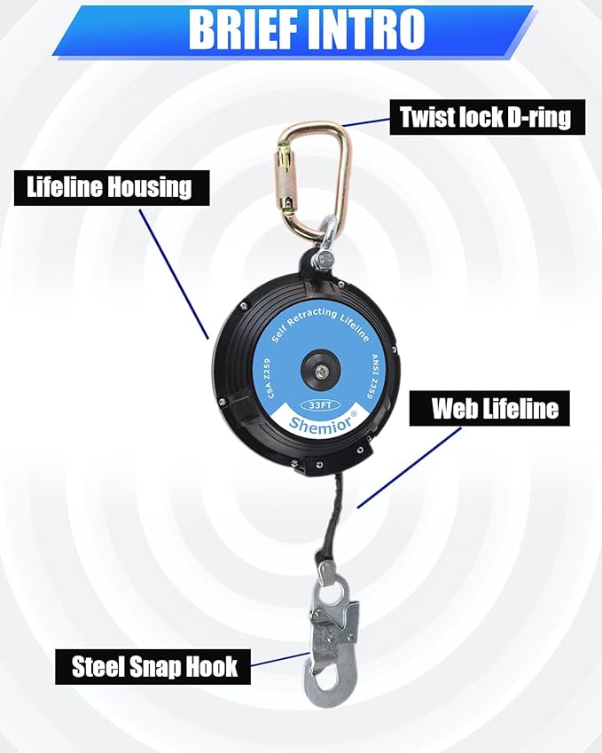 33FT Web Self Retracting Lifeline, No Tangle Lightweight Housing SRL, Self Retractable Safety Lanyard, Fall Arrest Protection PPE Gear for Roofing Construction, OSHA/ANSI Compliant