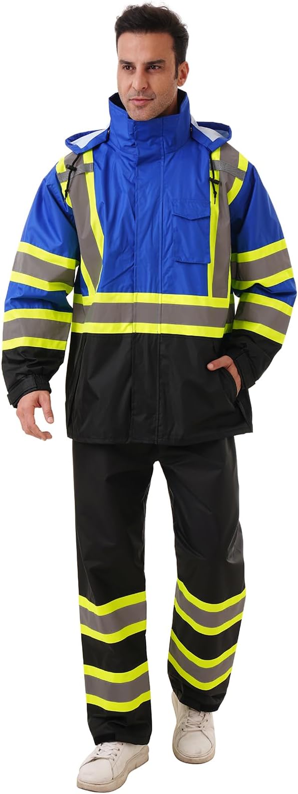Hi Vis Safety rain Jacket，Reflective Class 3 Rain coat with Inner Mesh Lining and Pockets High Visibility Waterproof work Rain Suits for men&women（Blue,4XL/5XL）