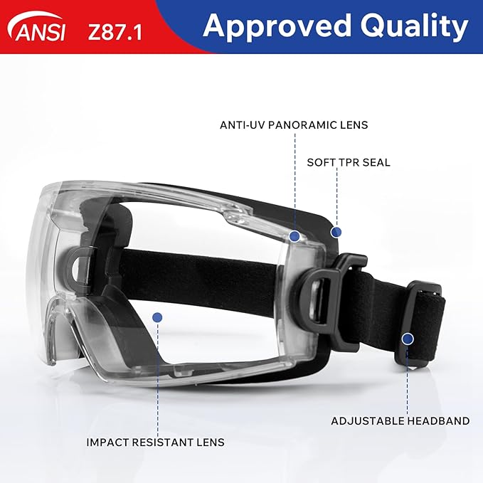 Clear Safety Goggles Glasses 2 Pack - Anti-Fog, Scratch and UV380 Lenses - Adjustable Non-Slip Strap - ANSI Z87.1 Certified Eye Protection for Chemistry Lab Work & Industrial Use for Men & Women