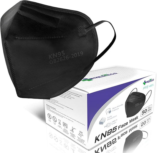 Medtecs KN95 Face Masks Disposable - Individually Wrapped, 5 Ply Protection & Extra Wide Elastic Ear Loops Design, ≧ 95% Filtration Efficiency | Mask Extender included, 50 PC - Black