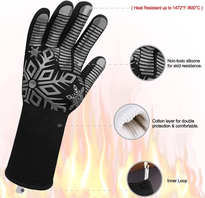 Comsmart BBQ Gloves, Heat Resistant Gloves, Silicone Non-Slip Grill Gloves, Fireproof Oven Gloves BBQ Grill Accessories for Grilling, Barbecue, Cooking, Baking, Gray
