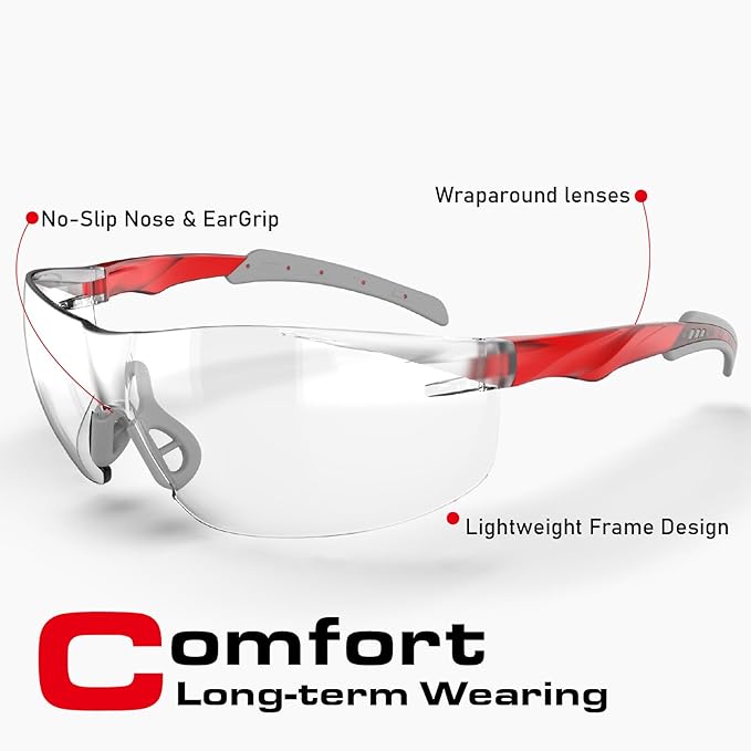 ANSI Z87.1 Safety Glasses, Anti-Fog UV Impact Scratch Resistant for Eye Protection at Work, Sports, Shooting, Pickleball, Racquetball, Clear Wraparound Lenses, No-Slip Nose Grip, 1 Pack