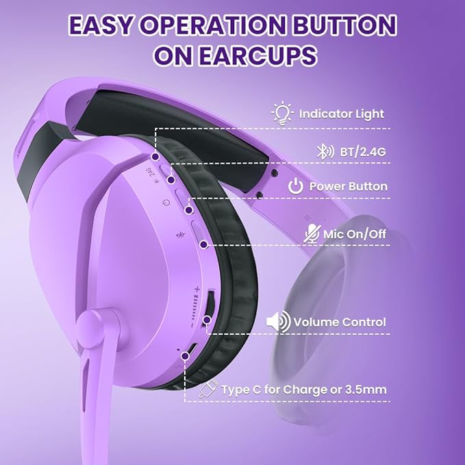 Wireless Gaming Headset with Noise Canceling Microphone for PS5, PC, PS4, 2.4G/Bluetooth Gaming Headphones with USB and Type-c Connector, Wired Mode for Controller (Purple)