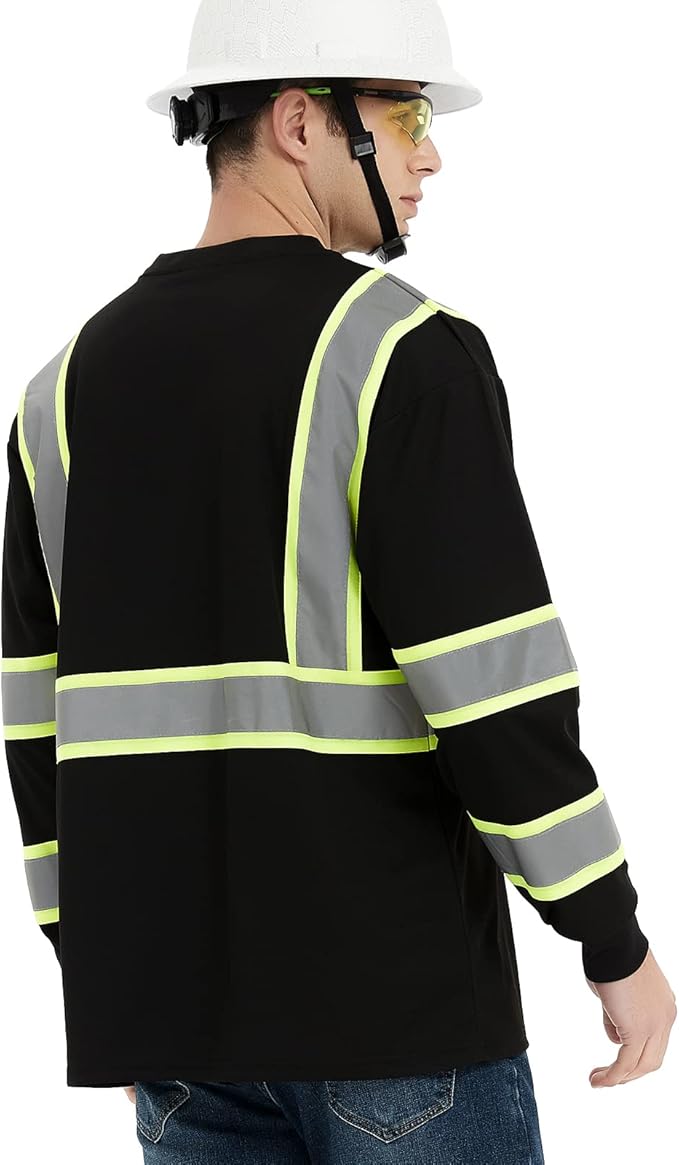 ProtectX Men's High Visibility Heavy Duty Long Sleeve Reflective Safety T-Shirts for Construction, Class 2-3 Type R