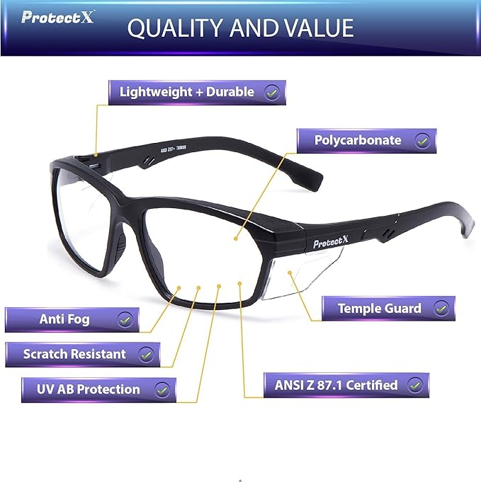 ProtectX Classic Safety Glasses, Anti-Fog Scratch Resistant Lenses, Protective Eyewear for Work, Indoor/Outdoor, ANSI Z87.1