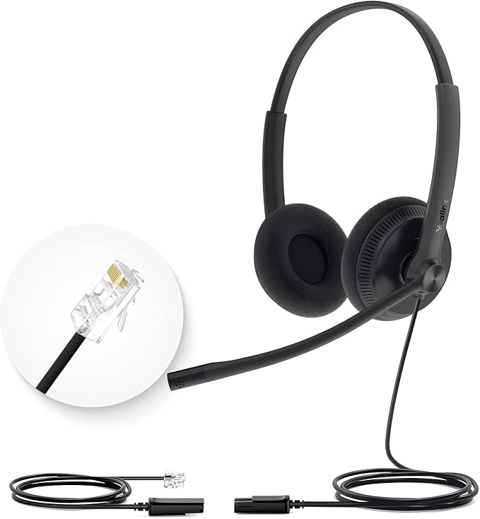 Yealink Phone Headsets for Office Phones YHS34 Lite QD to RJ9 Wired Headset Compatible with Poly Snom Grandstream Phones Desk Landline Headset with Microphone -Dual/111g/2.1m Cable