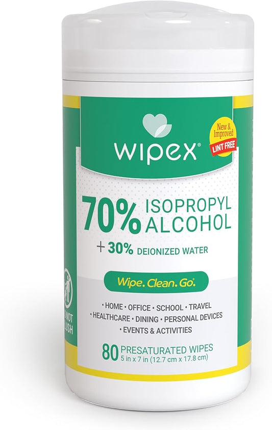 Wipex 70% Isopropyl Alcohol Wipes for Electronics - 80ct Large Lint Free IPA Tech Wipes in Sealed Canister to clean Surfaces, Electronics, Computer Screens, Glasses and Sensitive Devices, 1 Pack