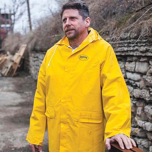 Pioneer Waterproof PVC Work Suit for Men – Repel Rain Gear Yellow Safety Jacket and Bib Pants - 3 PC Set With Detachable Hood - Medium