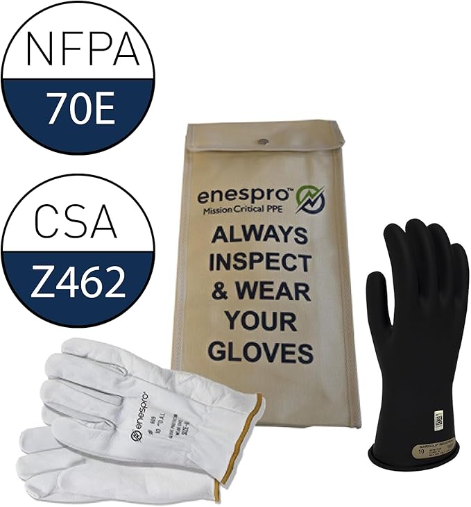 Enespro Class 00 Black Rubber Voltage Insulating Glove Kit with Leather Protectors, Max. Use Voltage 500V AC/ 750V DC (KITGC00B12)