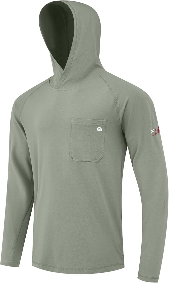 WORKWEYA FR Hooded Shirts 6OZ Lightweight FR Shirts for Men Thumb Hole Stretch NFPA2112 CAT2 Flame Resistant Hoodies