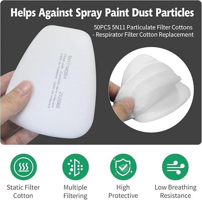 50PCS 5N11 Particulate Filter Cottons - Respirator Filter Cotton Replacement, for Gas Respirator 6000 6100 6200 6800 7501 7502 Series, Used in Spray Paint Dust Particles, White
