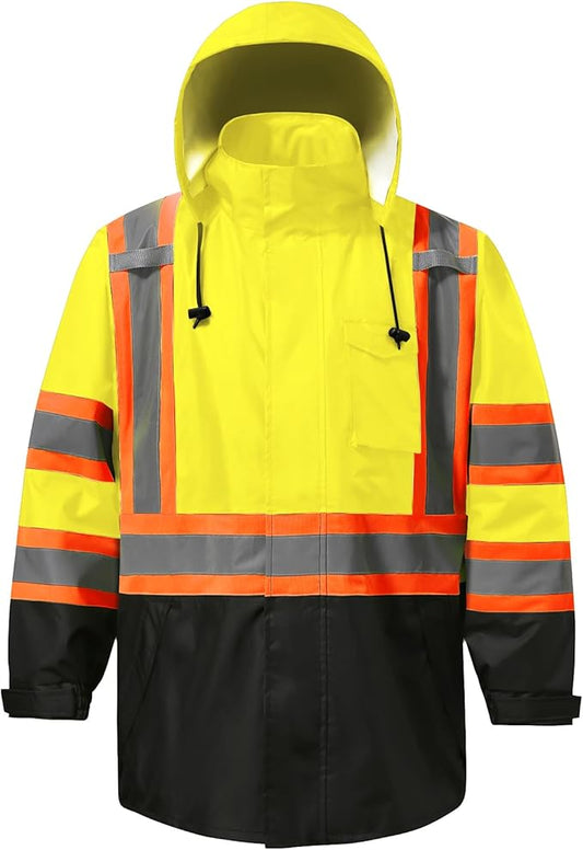 Reflective Rain jackets for men waterproof,Hi Vis Safety Coat With Reflective Strips，High Visibility Class 3 Rain jackets With 2 large pockets，Zipper,Lime,4XL/5XL