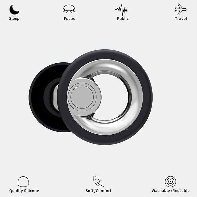 Plus Ear Plugs Noise Cancelling 2 Sets, Soft Silicone Ear Plugs for Sleeping, Noise Sensitivity, Reusable Concerts Ear Plugs Hearing Protection 30dB - 8 Pairs Ear Tips in XS/S/M/L - Silver