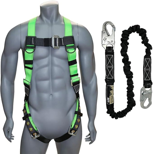 AFP Universal Full-Body Safety Harness w/Dorsal D-Ring Tongue Buckle Legs High-Viz Green, Shock Absorbing Lanyard (OSHA/ANSI)