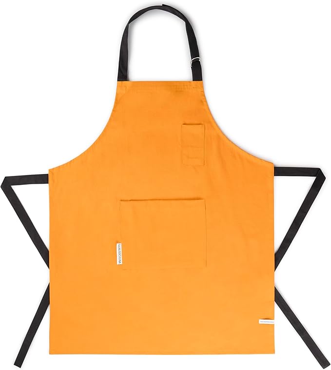 Cotton Canvas Apron for Women & Men – Adjustable Neck Strap & Waist Ties with Pockets – Kitchen, Cooking, Baking, Chef, BBQ, Grilling, Gardening – Durable 33x27 Inches – Orange with Black Straps