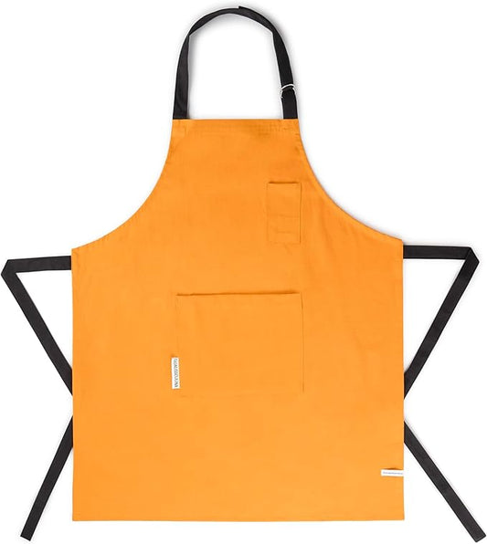 Cotton Canvas Apron for Women & Men – Adjustable Neck Strap & Waist Ties with Pockets – Kitchen, Cooking, Baking, Chef, BBQ, Grilling, Gardening – Durable 33x27 Inches – Orange with Black Straps