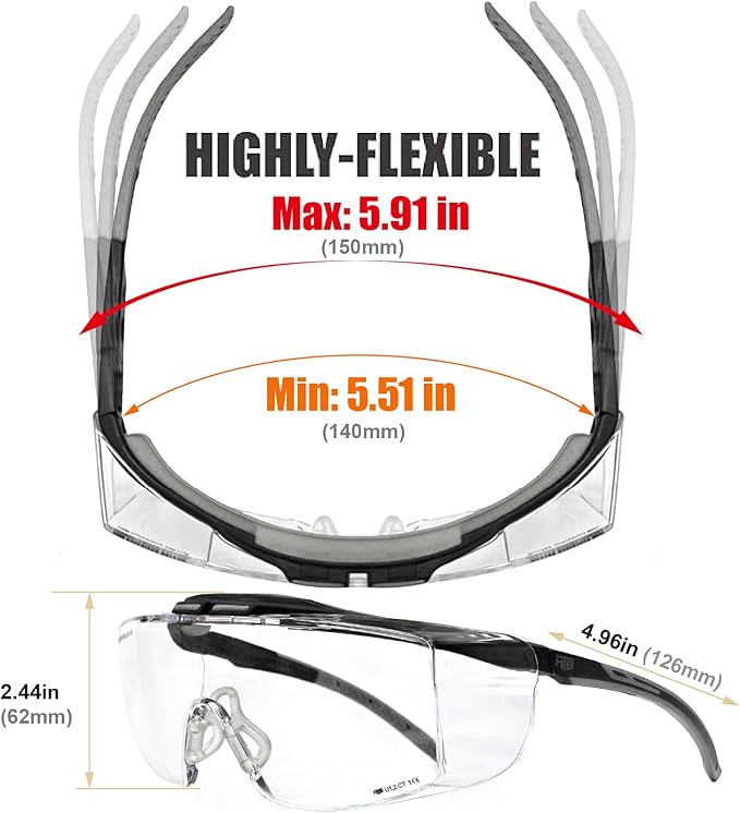 HUNTERSKY ANSI Z87 Anti Fog Lab Safety Glasses Fit Over Eyeglasses Up to 1.88 inch 100% UV Protective Goggles