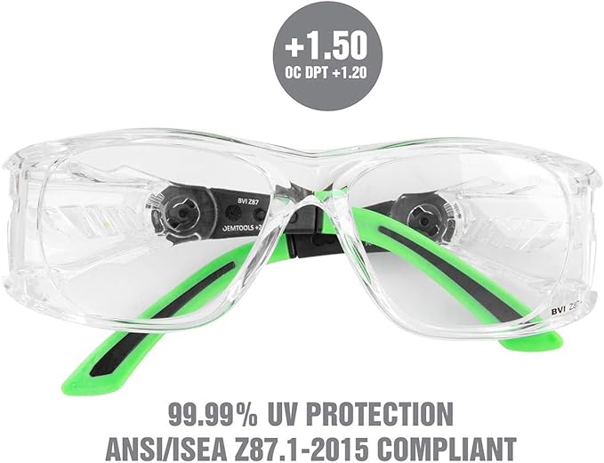 OEMTOOLS 26023 Safety Glasses with Readers +1.50s, UV Protection Z87 Safety Glasses, Anti-Scratch, High Definition Multi-focal Technology, High Impact Lenses, Flexible Rubber Earpieces