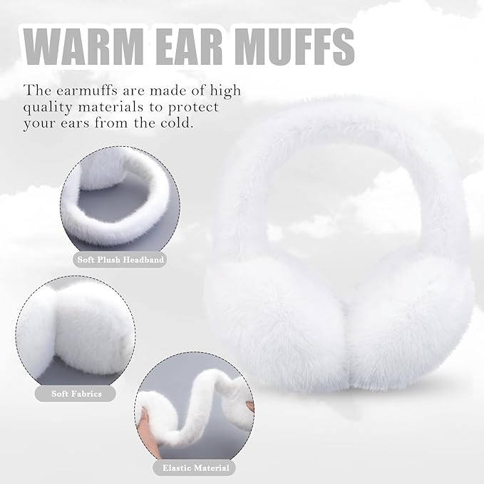 Winter Ear Muffs for Women Girls Faux Fur Cute White Earmuffs Fluffy Ear Warmers Foldable Ear Covers Outdoor