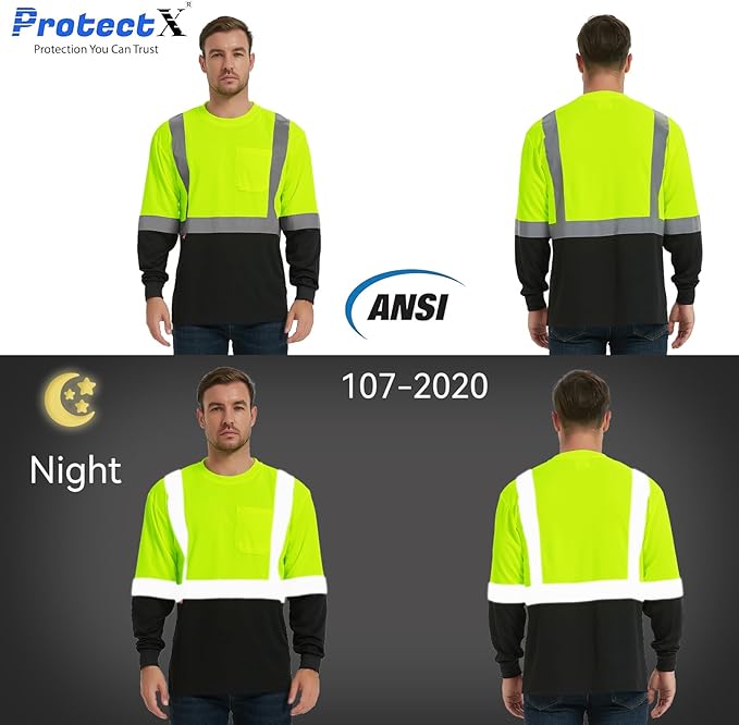 ProtectX High Visibility Shirts Hi Vis Long Sleeve Shirts for Men Women Reflective Class 2 Safety Shirts 2 Pack