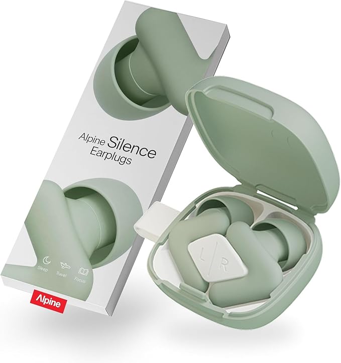 Alpine Silence Earplugs for Sleep, Focus & Travel - V-Shape Snug Fit & Soft Oval Tips – 4 Sizes XS/S/M/L - Comfortable, Reusable Hearing Protection - 22dB – Green